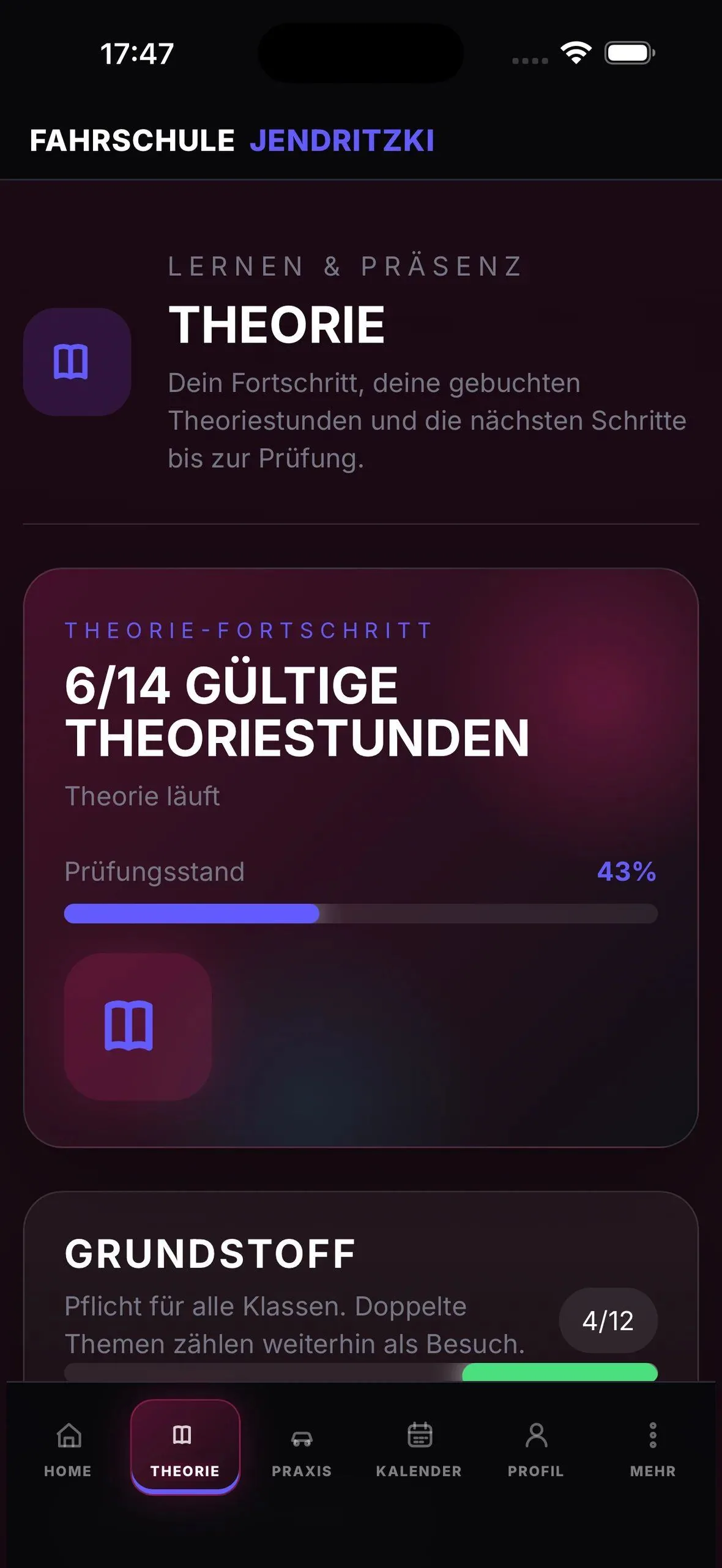 Theorie-Ansicht in der Jendritzki Schüler-App