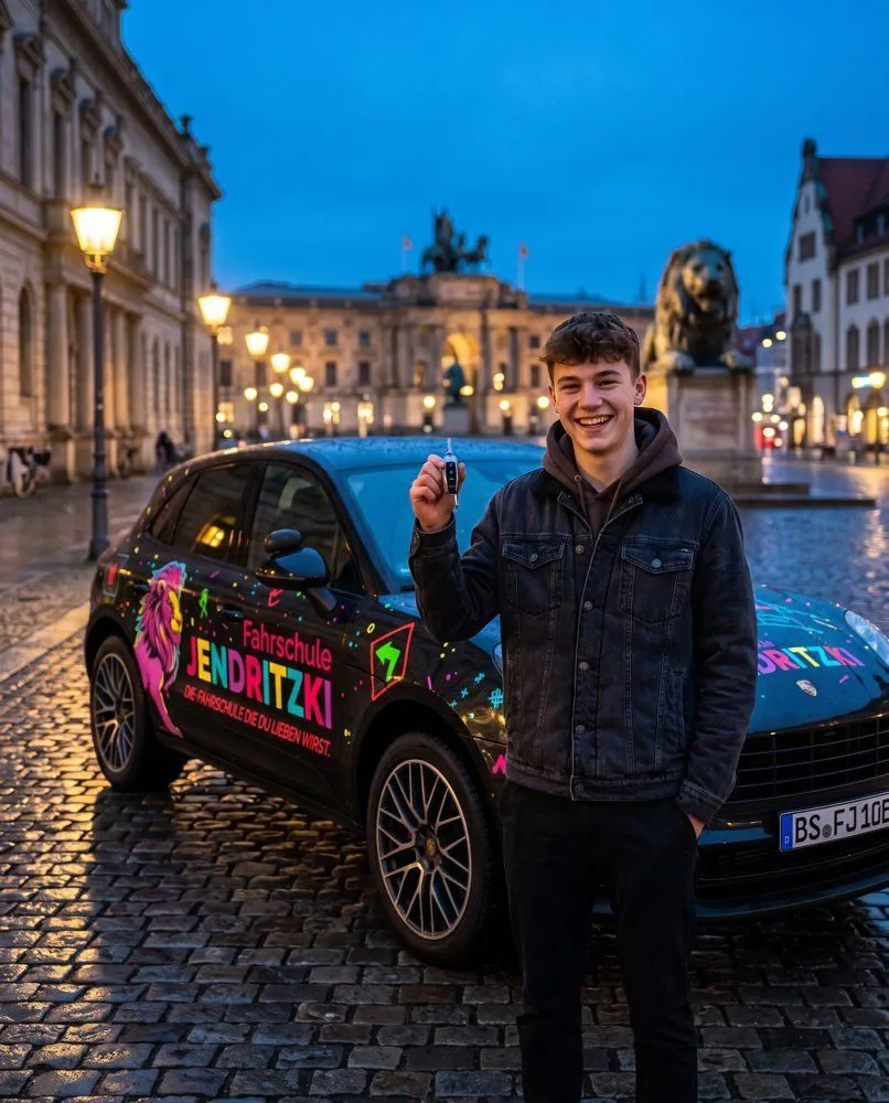 Fahrschüler hält seinen Autoschlüssel vor dem Fahrschul-Porsche