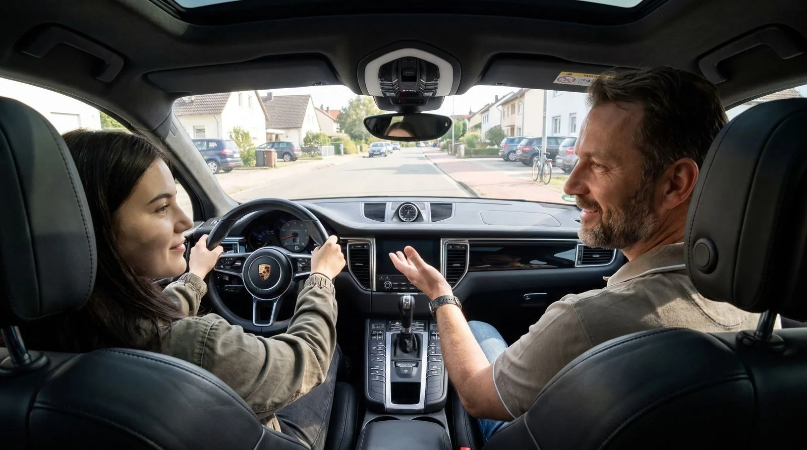 Fahrstunde: Fahrschülerin am Steuer, Fahrlehrer erklärt