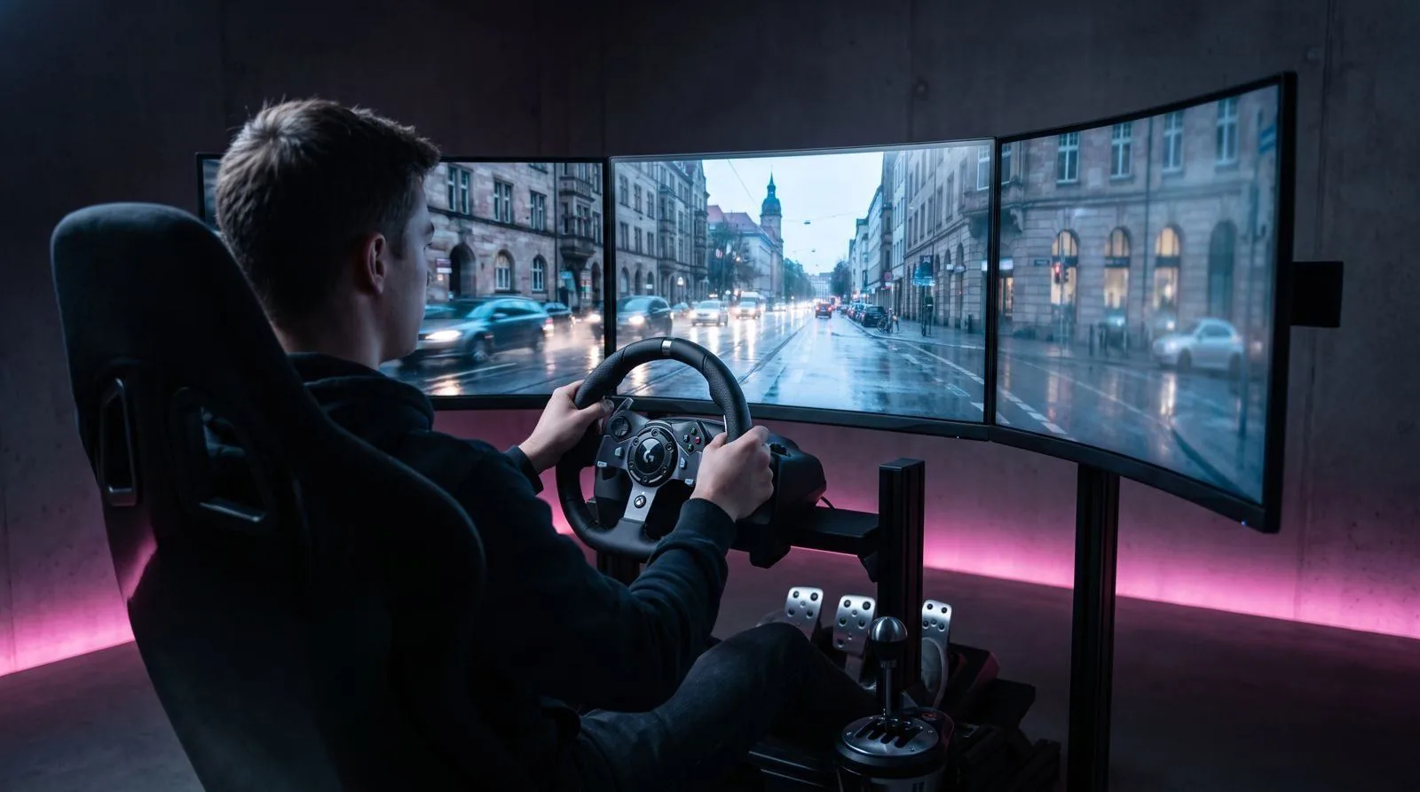 Fahrschüler im 360°-Fahrsimulator mit drei Bildschirmen