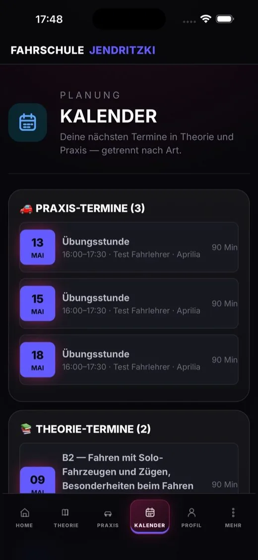 Jendritzki Schüler-App: Kalender mit Praxis- und Theorieterminen