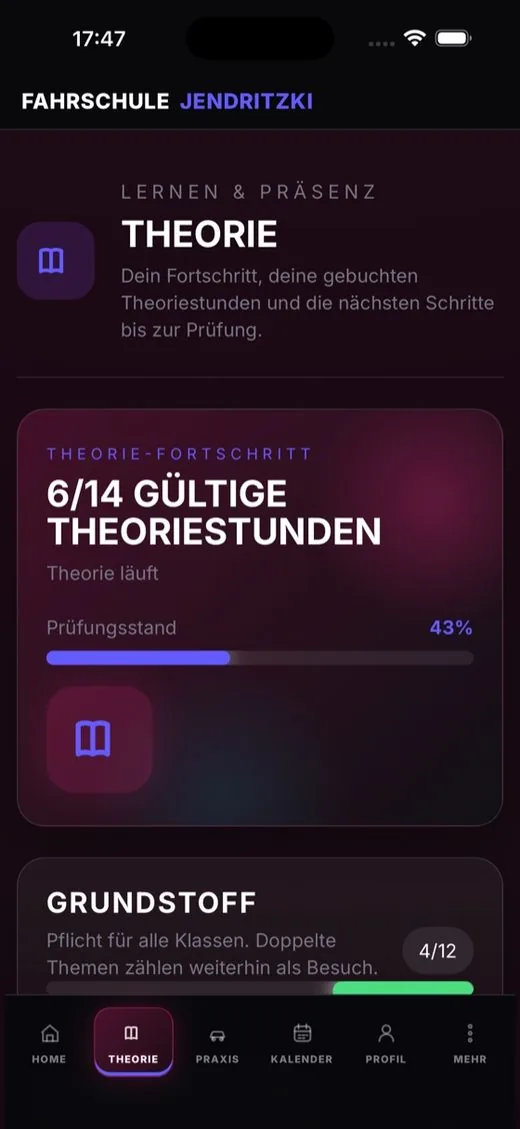 Jendritzki Schüler-App: Theorie-Fortschritt und TheorieCoach
